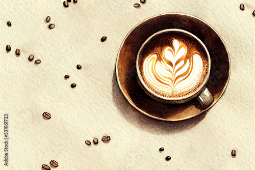 Coffee latte illustration. Watercolor painting of a top view of a cappucino. Hot cup of coffee with foam and art. Mug of espresso for breakfast on a table. Rosted coffee beans. Generative AI photo