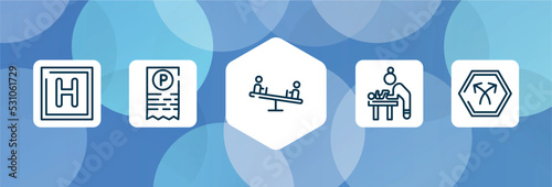 signals set outline icon set isolated on blue abstract background. thin line icons such as round hotel, parking ticket, children on teeter totter, baby changer, bifurcation vector. can be used for
