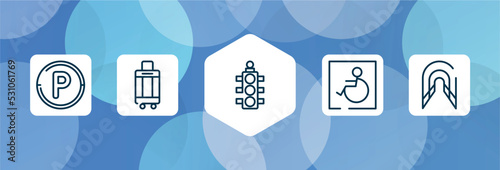 signals set outline icon set isolated on blue abstract background. thin line icons such as parking hexagonal, hand luggage, semaphore light, handicapped, tunnel vector. can be used for web and