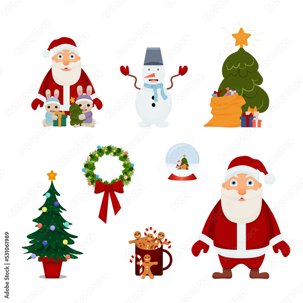 Christmas collection with traditional Christmas symbols. The Christmas template . Santa Claus, a glass ball, a gift, a wreath, a snowman, a mug with gingerbread and cocoa, a Christmas tree.  PNG