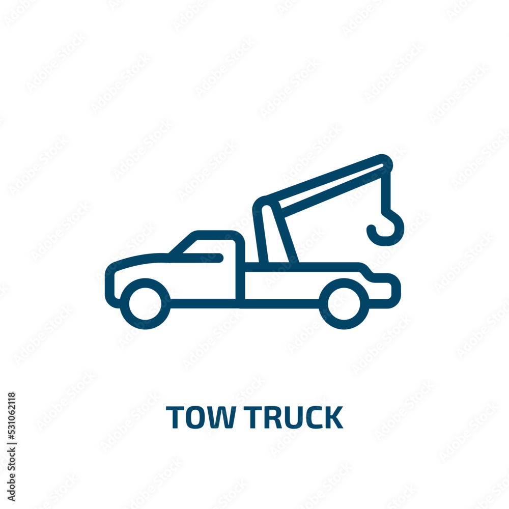 tow truck icon from transportation collection. Thin linear tow truck, truck, car outline icon isolated on white background. Line vector tow truck sign, symbol for web and mobile tow truck icon from transportation collection. Thin linear tow truck, truck, car outline icon isolated on white background. Line vector tow truck sign, symbol for web and mobile