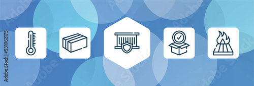 logistics outline icon set isolated on blue abstract background. thin line icons such as temperature limitation, cardboard box with packing tape, delivery insurance, package for delivery, heat