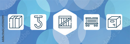lineal logistic outline icon set isolated on blue abstract background. thin line icons such as closed cardboard box with packing tape, use hooks, wooden box, cargo train, opened packaged vector. can