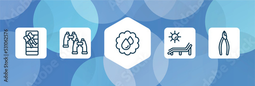 general outline icon set isolated on blue abstract background. thin line icons such as birthday present, pair of binoculars, save water badge, deck chair under the sun, nippers vector. can be used
