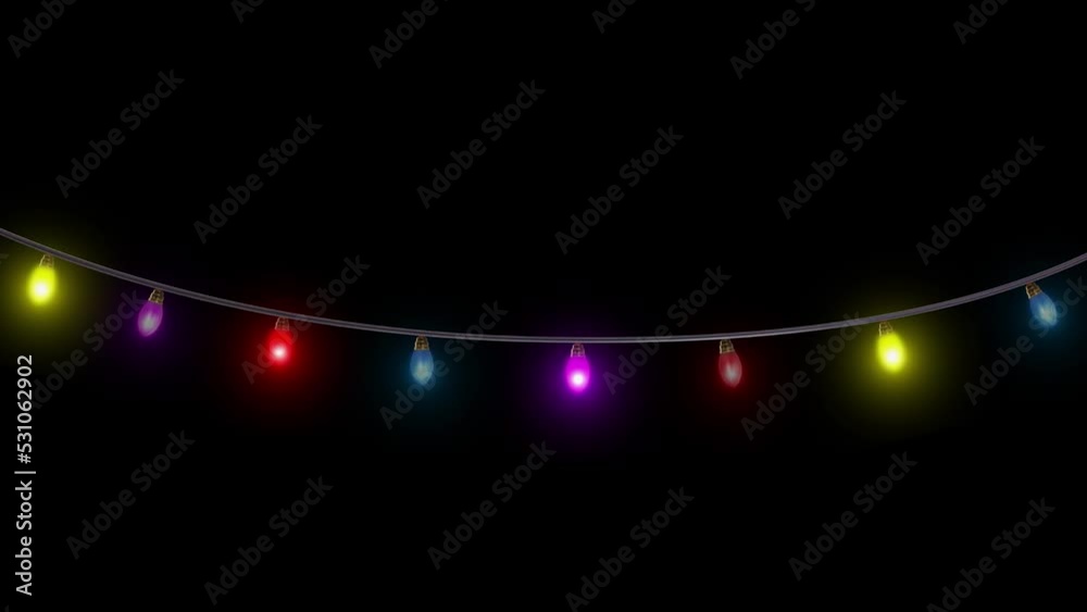 4K Beautiful christmas lights flashing christmas string lights, wire frame colorful light bulbs, change light show, new year lights, dark background. Holiday, Party, event and celebrations, Invitation