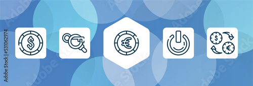 business and finance outline icon set isolated on blue abstract background. thin line icons such as big dollar coin, keyword search, round euro button, on power, currency rates vector. can be used