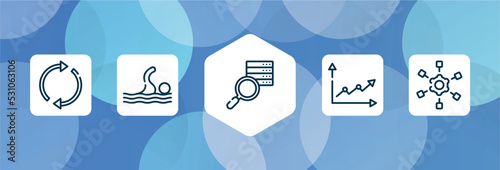 project management outline icon set isolated on blue abstract background. thin line icons such as arrow circle, swim, data searching, , project scheme vector. can be used for web and mobile.