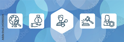 law and justice outline icon set isolated on blue abstract background. thin line icons such as diploy, bribery, criminal, case closed, custody vector. can be used for web and mobile.