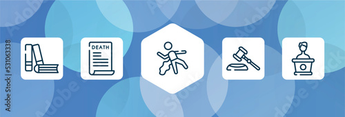 law and justice outline icon set isolated on blue abstract background. thin line icons such as practise areas, death certificate, corpse, gavel, counsel vector. can be used for web and mobile.