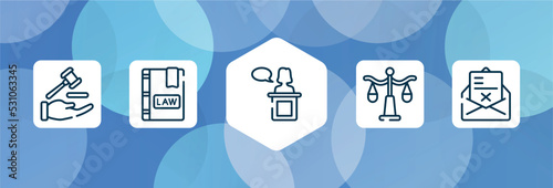law and justice outline icon set isolated on blue abstract background. thin line icons such as qualified protection, law book, witness, justice scale, crime letter vector. can be used for web and