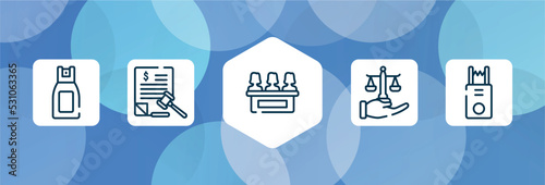 law and justice outline icon set isolated on blue abstract background. thin line icons such as pepper spray, tax law, jury, justice scales in hand, electroshock weapon vector. can be used for web