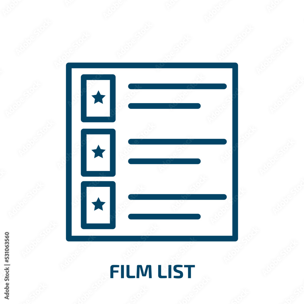 film list icon from user interface collection. Thin linear film list, play, sound outline icon isolated on white background. Line vector film list sign, symbol for web and mobile film list icon from user interface collection. Thin linear film list, play, sound outline icon isolated on white background. Line vector film list sign, symbol for web and mobile