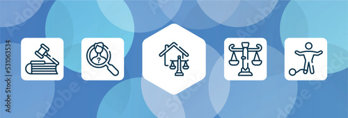 law and justice outline icon set isolated on blue abstract background. thin line icons such as employment law, investigation, real estate law, business guilty vector. can be used for web and mobile.