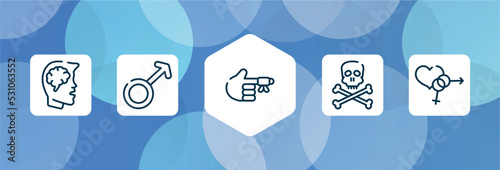 medical icons outline icon set isolated on blue abstract background. thin line icons such as head with brain, female, hurted finger with bandage, skull and crossbones, united heterosexual vector.