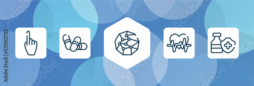 medicine and health outline icon set isolated on blue abstract background. thin line icons such as hand gesture raising the index finger, pill capsule, spheres connected by, heart frequency,