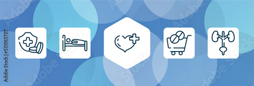 body parts outline icon set isolated on blue abstract background. thin line icons such as health insurance or hospital costs, human sleeping on bed, heart with a plus, phareutical delivery,