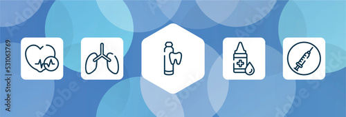 medicine and health outline icon set isolated on blue abstract background. thin line icons such as heart black shape, lungs, toothpaste tube, drop of liquid, drug abuse vector. can be used for web