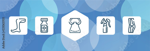 medical outline icon set isolated on blue abstract background. thin line icons such as legs, medicine jar, augmentation, breast pump, orthopedics vector. can be used for web and mobile.