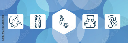 medical and health outline icon set isolated on blue abstract background. thin line icons such as breath, dental hook, oxygen mask, operating, impaired vector. can be used for web and mobile.