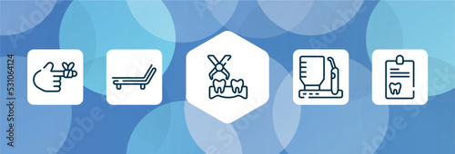 dental outline icon set isolated on blue abstract background. thin line icons such as bandaged hurt finger, deckchair, extraction, dental irrigator, dental record vector. can be used for web and