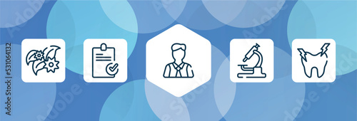 dental outline icon set isolated on blue abstract background. thin line icons such as flower therapy, stais, executive man, lab microscope, hypersensitive vector. can be used for web and mobile.