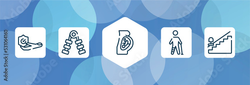 health outline icon set isolated on blue abstract background. thin line icons such as travel insurance, hand grip, fetus, injured leg of man, null vector. can be used for web and mobile.