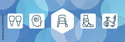 physiotherapy outline icon set isolated on blue abstract background. thin line icons such as incisor, hypis, walker, broken leg, stationary bike vector. can be used for web and mobile.