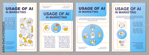 AI algorithm in marketing blue brochure template. Leaflet design with linear icons. Editable 4 vector layouts for presentation, annual reports. Arial, Myriad Pro-Regular fonts used