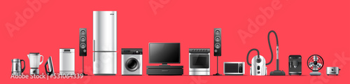 Vector illustration of realistic silver color different appliance on red background. 3d style shine appliance collection design