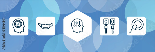 biochemistry and medicine outline icon set isolated on blue abstract background. thin line icons such as positivity, dentist mask, manipulation, electrotherapy, insemination vector. can be used for