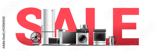 Vector illustration of realistic silver color different appliance on white background with word sale. 3d style shine appliance collection design