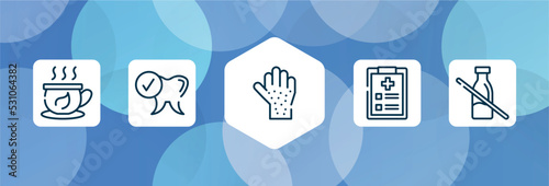 allergies outline icon set isolated on blue abstract background. thin line icons such as herbal tea, healthy tooth, rash, examination, lactose intolerant vector. can be used for web and mobile.