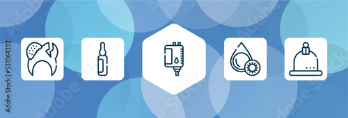 therapy outline icon set isolated on blue abstract background. thin line icons such as decayed, ampoule, blood bag, platelet, cupping vector. can be used for web and mobile.