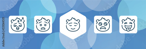 emoji outline icon set isolated on blue abstract background. thin line icons such as sleeping emoji, anguished emoji, calm slightly frowning tongue out vector. can be used for web and mobile.