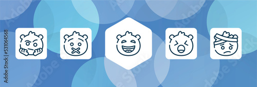 emoji outline icon set isolated on blue abstract background. thin line icons such as suspect emoji, muted emoji, laughing yelling with head-bandage vector. can be used for web and mobile.