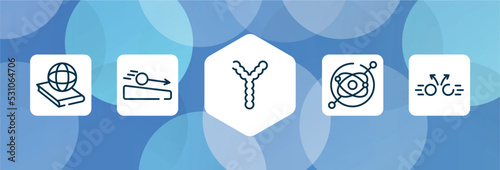 physics outline icon set isolated on blue abstract background. thin line icons such as politics, acceleration, chromosome, gyroscope, collision vector. can be used for web and mobile.