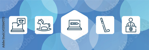 university outline icon set isolated on blue abstract background. thin line icons such as elearning, hobby horse, on, hockey stick, x ray vector. can be used for web and mobile.