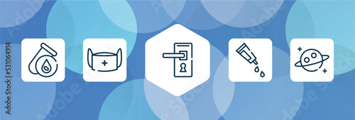 outline icon set isolated on blue abstract background. thin line icons such as blood test, medical mask, doorknob, gel, planet vector. can be used for web and mobile.