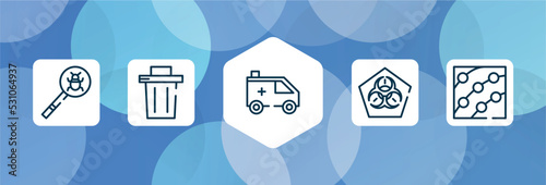 outline icon set isolated on blue abstract background. thin line icons such as virus search, garbage, ambulance, biohazard, dermatitis vector. can be used for web and mobile.