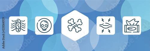 outline icon set isolated on blue abstract background. thin line icons such as e coli, death, bone, myaia, tissue vector. can be used for web and mobile.