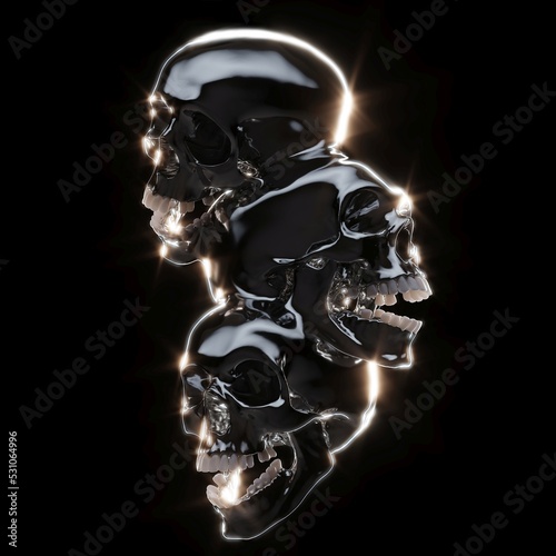 Abstract illustration from 3D rendering of a sculpture made of 3 fused black shiny metallic skulls isolated on black background and lit in a dramatic lightning.