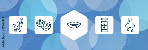 outline icon set isolated on blue abstract background. thin line icons such as weak, cell division, lips, disinfect, rhinitis vector. can be used for web and mobile.