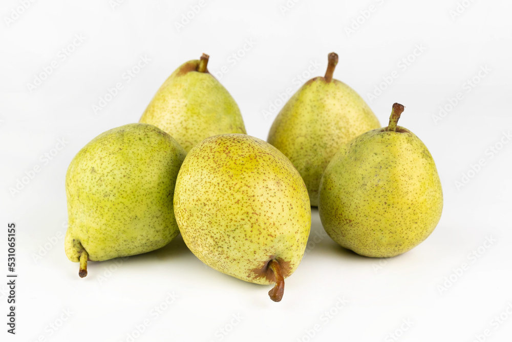 On a white background 5 pears. Fruit background. On a white background 5 pears. Fruit background.