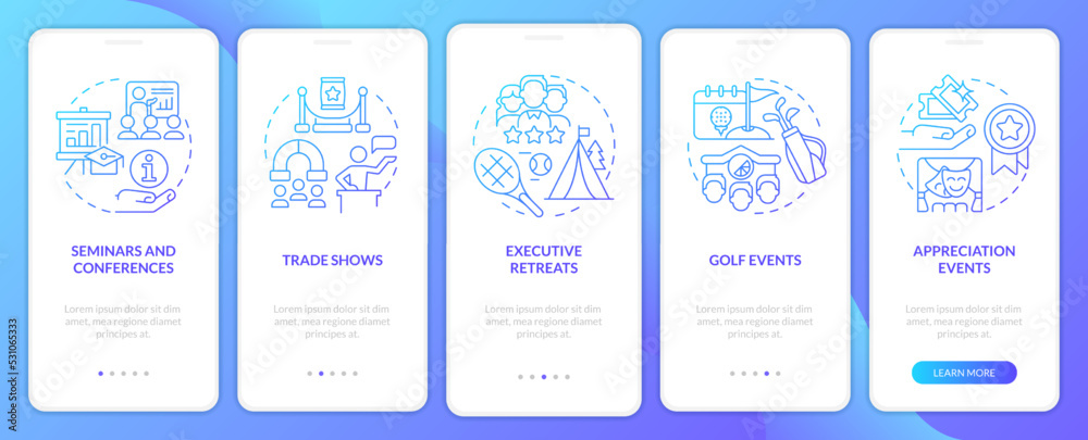 Corporate events types blue gradient onboarding mobile app screen. Business walkthrough 5 steps graphic instructions with linear concepts. UI, UX, GUI template. Myriad Pro-Bold, Regular fonts used