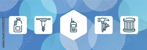 car parts outline icon set isolated on blue abstract background. thin line icons such as gallon oil, hydraulic breaker, portable radio, hammer and nail, oil filter vector. can be used for web and
