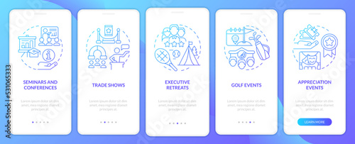 Corporate events types blue gradient onboarding mobile app screen. Business walkthrough 5 steps graphic instructions with linear concepts. UI, UX, GUI template. Myriad Pro-Bold, Regular fonts used