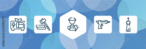 handcraft outline icon set isolated on blue abstract background. thin line icons such as green power, lumberjack, electrician, glue gun, norigae vector. can be used for web and mobile.