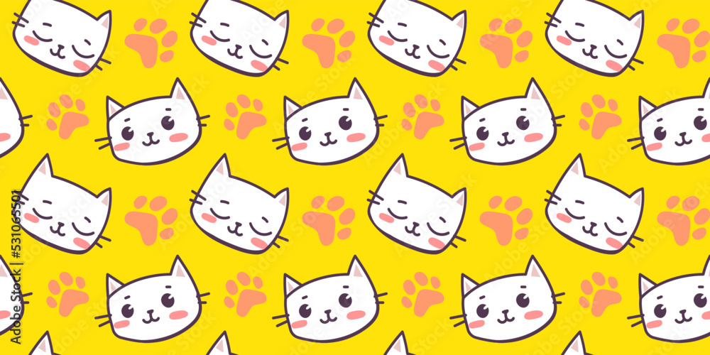 Vector illustration of happy cute cat character with paw print on yellow color background. Flat line art style design of seamless pattern with animal cat Vector illustration of happy cute cat character with paw print on yellow color background. Flat line art style design of seamless pattern with animal cat