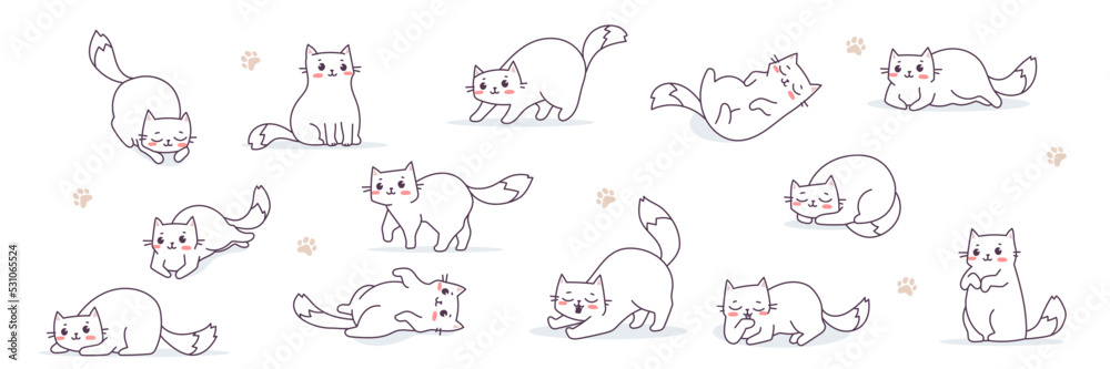Vector set of illustration with happy cute different cat character on white color background with paw print. Flat line art style design of group of animal cat in different pose