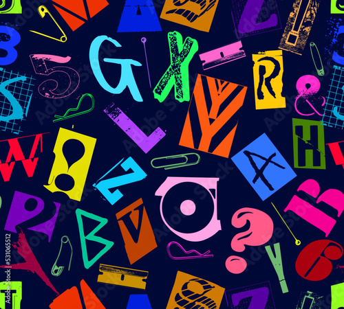 Colorful seamless vector pattern alphabet letters clippings in typographic composition with pins and clips in the style of grunge, punk and ransom color design on dark black background.